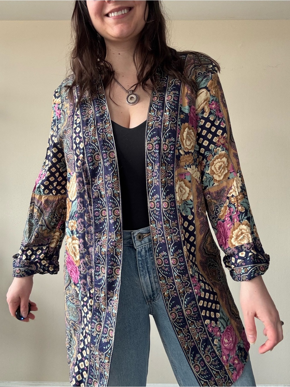 Vintage Floral Boho Open Duster Jacket - Navy, Pink, Gold